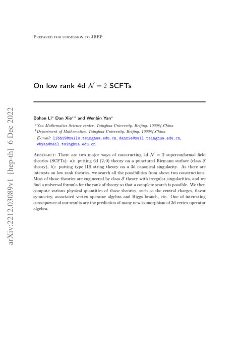 2212 4d|[2212.03089] On low rank 4d $\mathcal{N}=2$ SCFTs .